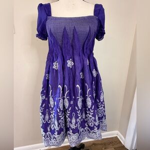 MOA purple embroidered floral pleated smocked midi dress SZ 6